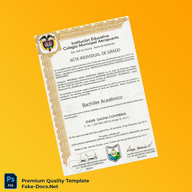 Colombia Colegio Municipal Aeropuerto High School Diploma – High Quality Replacement Template Colombia Colegio Municipal Aeropuerto High School Diploma – High Quality Replacement Template