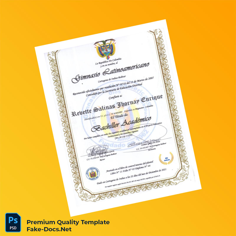 Colombia Gimnasio Latinoamericano Academic Bachelor Diploma – High Quality Replacement Template 2 Page Colombia Gimnasio Latinoamericano Academic Bachelor Diploma – High Quality Replacement Template 2 Page