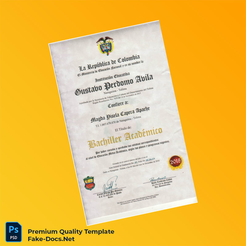 Colombia Gustavo Perdomo Ávila High School Diploma – High Quality Replacement Template Colombia Gustavo Perdomo Ávila High School Diploma – High Quality Replacement Template