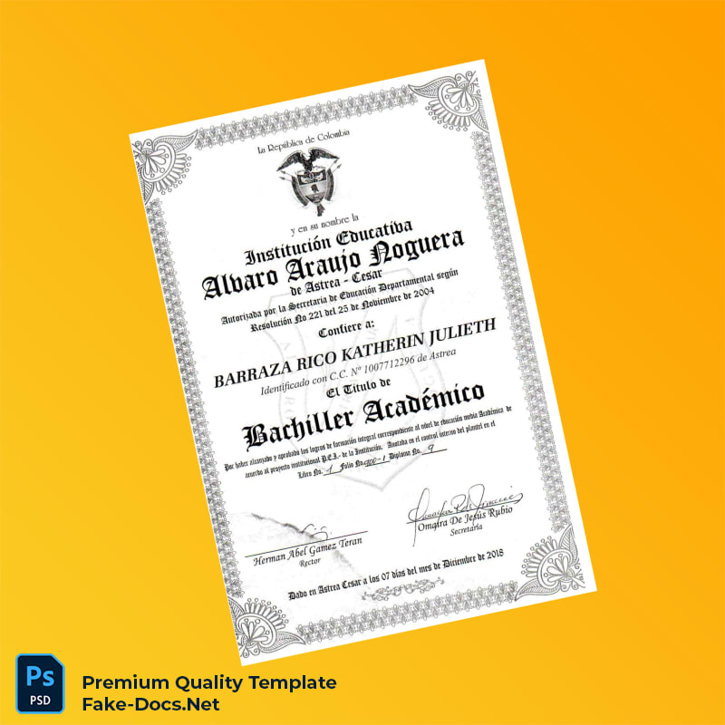 Colombia Institución Educativa Álvaro Araujo Noguera High School Diploma – High Quality Replacement Template Colombia Institución Educativa Álvaro Araujo Noguera High School Diploma – High Quality Replacement Template
