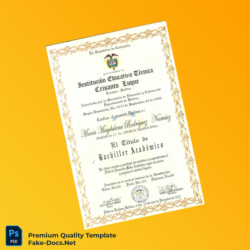 Colombia Institución Educativa Técnica Crisanto Luque High School Diploma – High Quality Replacement Template Colombia Institución Educativa Técnica Crisanto Luque High School Diploma – High Quality Replacement Template
