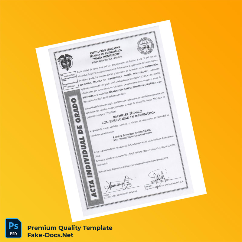 Colombia Institution Educativa Técnica en Informática Marta Montessori Technical Bachelor Certificate – High Quality Replacement Template 3 Page Colombia Institution Educativa Técnica en Informática Marta Montessori Technical Bachelor Certificate – High Quality Replacement Template 3 Page