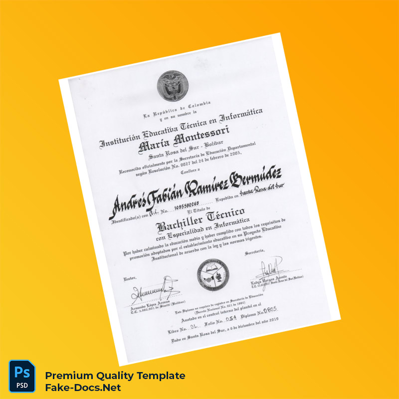 Colombia Institution Educativa Técnica en Informática Marta Montessori Technical Bachelor Certificate – High Quality Replacement Template 3 Page Colombia Institution Educativa Técnica en Informática Marta Montessori Technical Bachelor Certificate – High Quality Replacement Template 3 Page