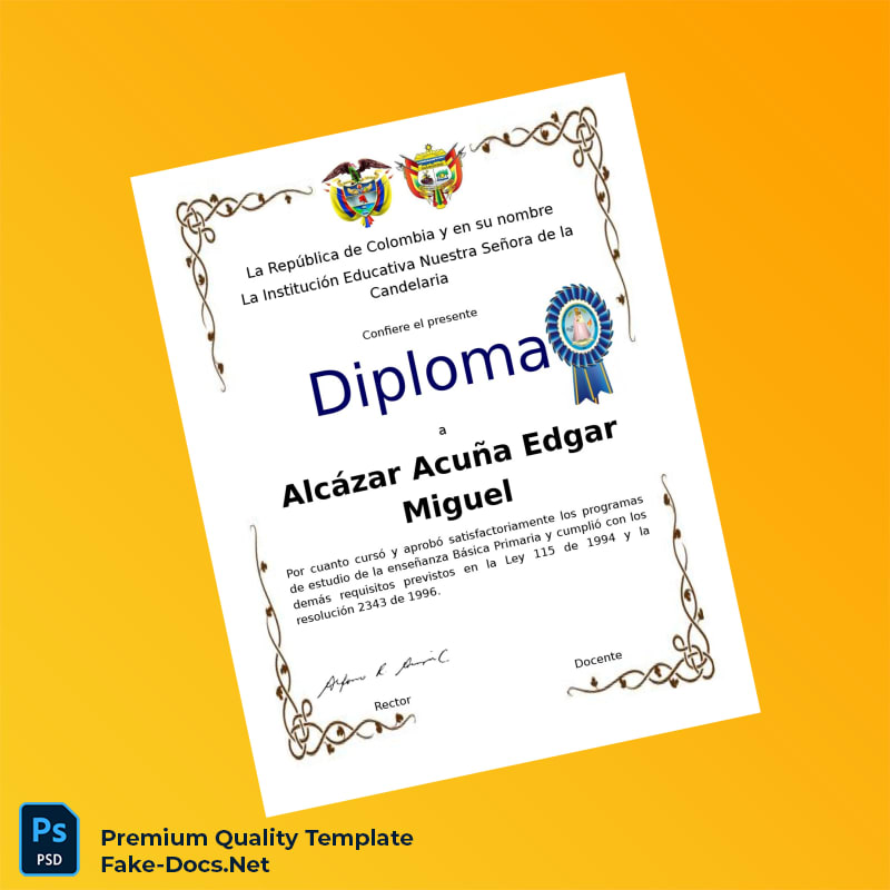 Colombia Nuestra Señora de la Candelaria Basic Primary Diploma – High Quality Replacement Template 2 Page Colombia Nuestra Señora de la Candelaria Basic Primary Diploma – High Quality Replacement Template 2 Page