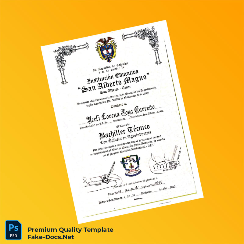 Colombia San Alberto Magno Technical High School Diploma Replacement Template Printable Backup Colombia San Alberto Magno Technical High School Diploma Replacement Template Printable Backup