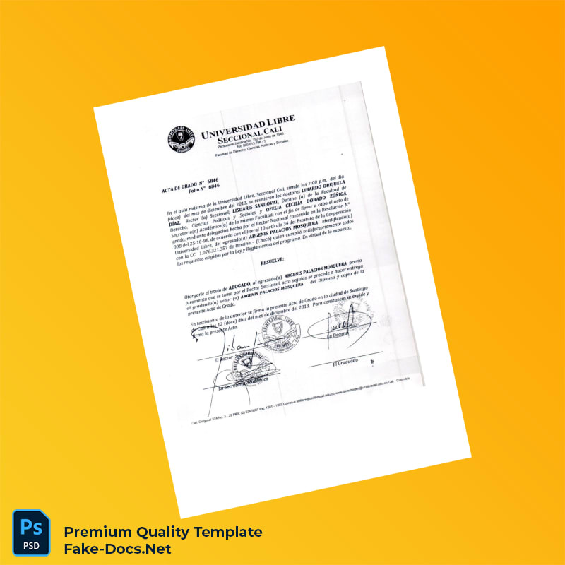 Colombia Universidad Libre Bachelor of Laws Diploma – High Quality Replacement Template 2 Page Colombia Universidad Libre Bachelor of Laws Diploma – High Quality Replacement Template 2 Page