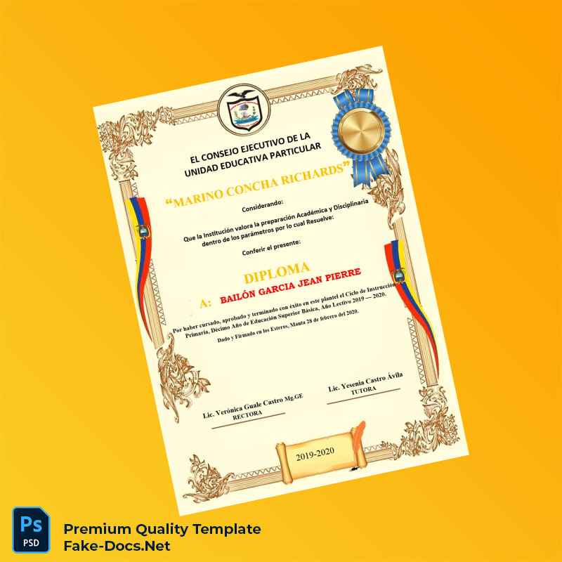 Ecuador Unidad Educativa Particular Marino Concha Richards High School Diploma – High Quality Replacement Template 7 Page Ecuador Unidad Educativa Particular Marino Concha Richards High School Diploma – High Quality Replacement Template 7 Page