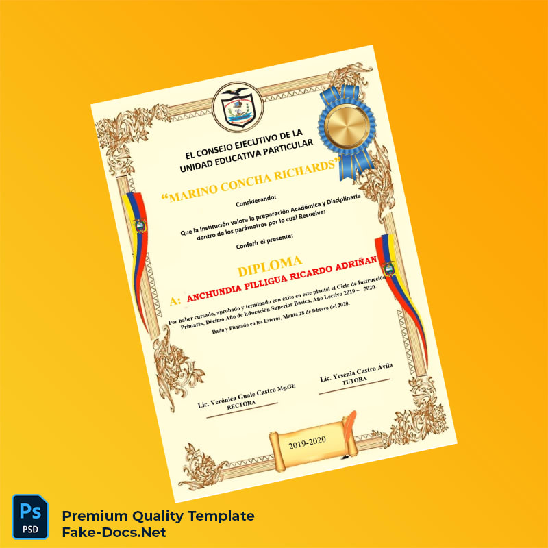 Ecuador Unidad Educativa Particular Marino Concha Richards High School Diploma – High Quality Replacement Template 7 Page Ecuador Unidad Educativa Particular Marino Concha Richards High School Diploma – High Quality Replacement Template 7 Page