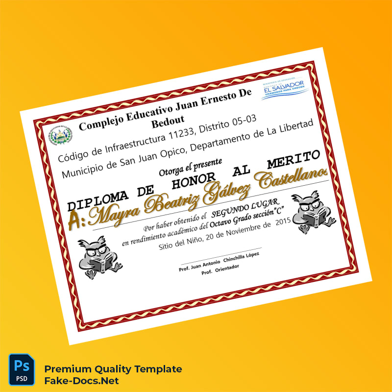 El Salvador Complejo Educativo Juan Ernesto de Bedout Honor Diploma Template – High Quality Replacement Template 3 Page El Salvador Complejo Educativo Juan Ernesto de Bedout Honor Diploma Template – High Quality Replacement Template 3 Page