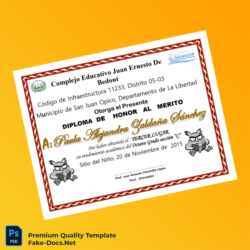 El Salvador Complejo Educativo Juan Ernesto de Bedout Honor Diploma Template – High Quality Replacement Template 3 Page El Salvador Complejo Educativo Juan Ernesto de Bedout Honor Diploma Template – High Quality Replacement Template 3 Page
