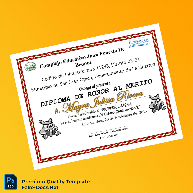 El Salvador Complejo Educativo Juan Ernesto de Bedout Honor Diploma Template – High Quality Replacement Template 3 Page El Salvador Complejo Educativo Juan Ernesto de Bedout Honor Diploma Template – High Quality Replacement Template 3 Page