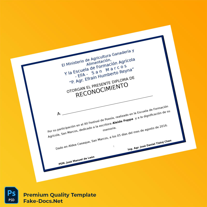 Guatemala Escuela de Formación Agrícola Recognition Diploma Template – High Quality Replacement Template 2 Page Guatemala Escuela de Formación Agrícola Recognition Diploma Template – High Quality Replacement Template 2 Page