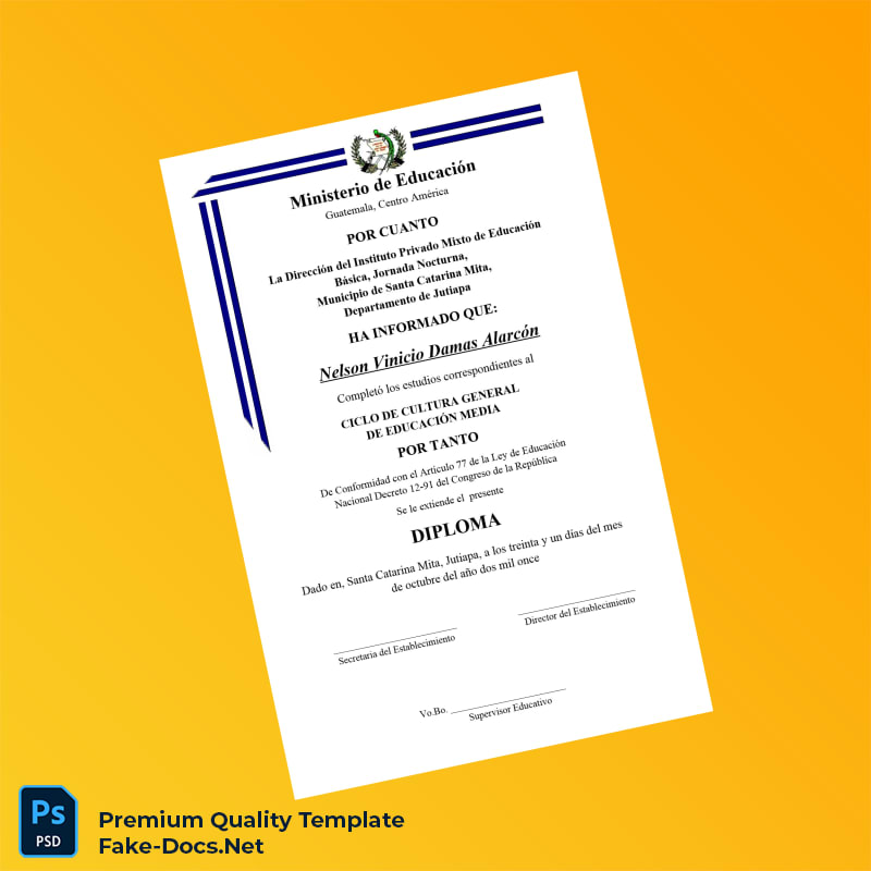 Guatemala Instituto Privado Mixto de Educación Básica High School Diploma Template – High Quality Replacement Template Guatemala Instituto Privado Mixto de Educación Básica High School Diploma Template – High Quality Replacement Template