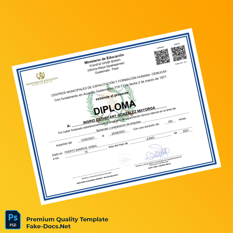 Guatemala Ministry of Education Bartender Training Diploma Template – High Quality Replacement Template Guatemala Ministry of Education Bartender Training Diploma Template – High Quality Replacement Template