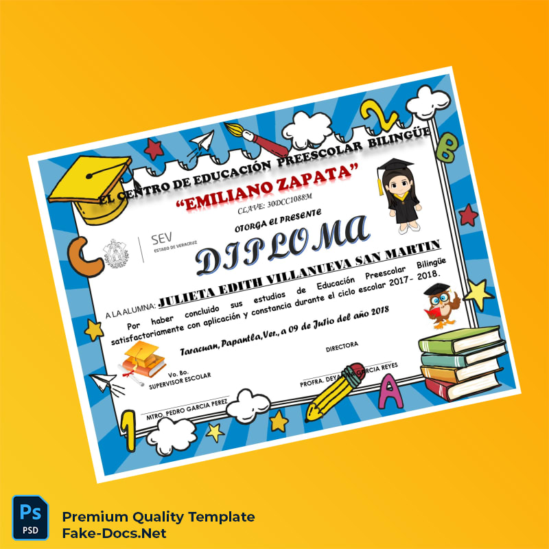Mexico Emiliano Zapata Preschool Center Preschool Diploma – High Quality Replacement Template 3 Page Mexico Emiliano Zapata Preschool Center Preschool Diploma – High Quality Replacement Template 3 Page