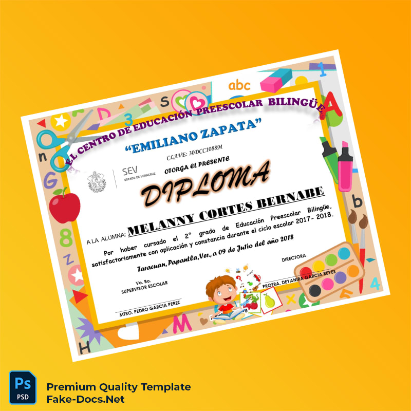 Mexico Emiliano Zapata Preschool Center Preschool Diploma – High Quality Replacement Template 3 Page Mexico Emiliano Zapata Preschool Center Preschool Diploma – High Quality Replacement Template 3 Page