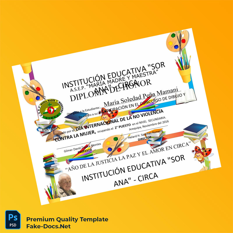 Peru A.S.E.P. María Madre y Maestra Honor Diploma Template – High Quality Replacement Template 6 Page Peru A.S.E.P. María Madre y Maestra Honor Diploma Template – High Quality Replacement Template 6 Page