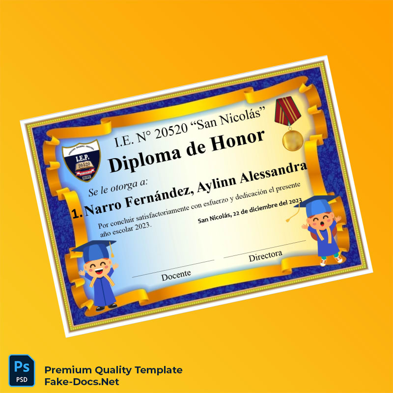 Peru I.E. N° 20520 _San Nicolás_ Honor Diploma – High Quality Replacement Template Peru I.E. N° 20520 _San Nicolás_ Honor Diploma – High Quality Replacement Template