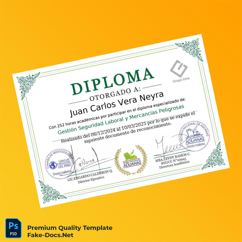 Peru National Customs and Foreign Trade School Diploma – High Quality Replacement Template 2 Page Peru National Customs and Foreign Trade School Diploma – High Quality Replacement Template 2 Page