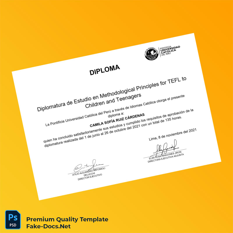 Peru Pontifical Catholic University of Peru Diploma in Methodological Principles for TEFL to Children and Teenagers – High Quality Replacement Template 2 Page Peru Pontifical Catholic University of Peru Diploma in Methodological Principles for TEFL to Children and Teenagers – High Quality Replacement Template 2 Page
