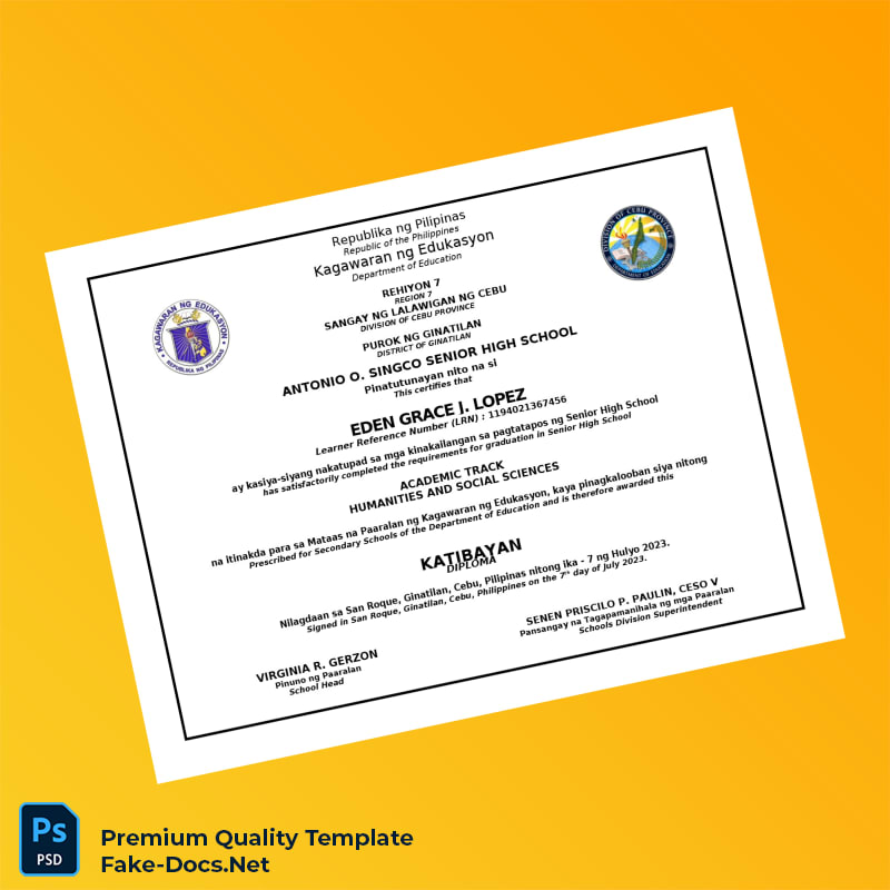 Philippines Antonio O. Singco Senior High School High School Diploma – High Quality Replacement Template Philippines Antonio O. Singco Senior High School High School Diploma – High Quality Replacement Template