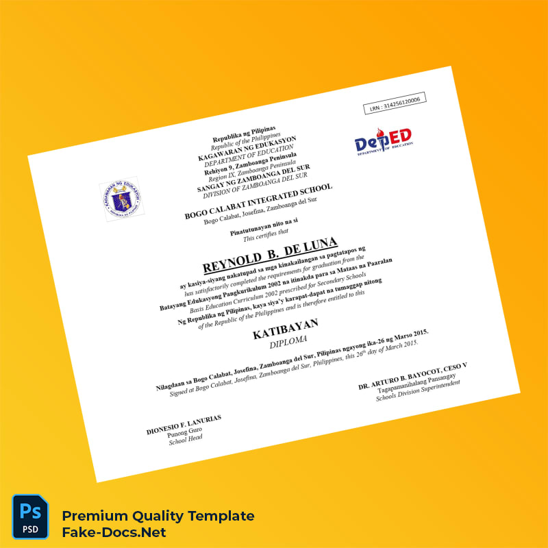 Philippines Bogo Calabat Integrated School High School Diploma – High Quality Replacement Template 2 Page Philippines Bogo Calabat Integrated School High School Diploma – High Quality Replacement Template 2 Page