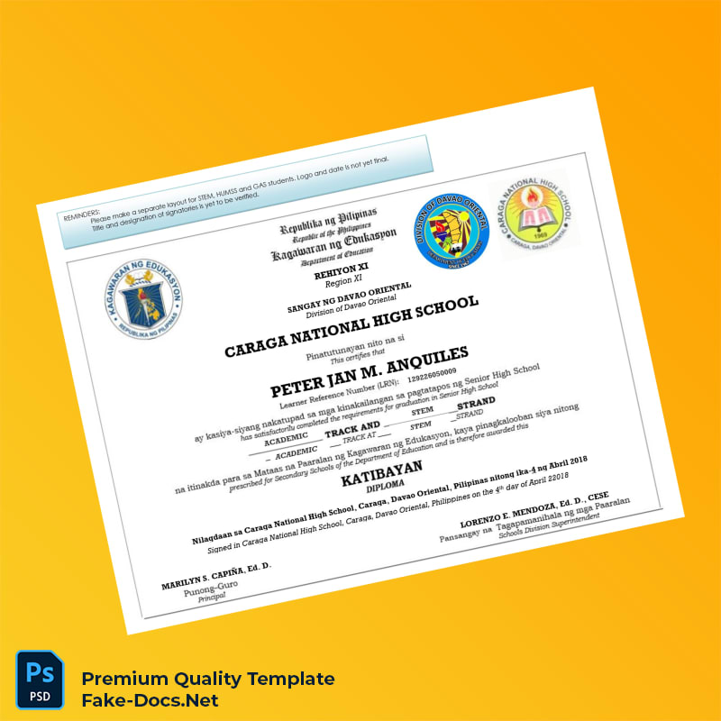 Philippines Caraga National High School High School Diploma Template – High Quality Replacement Template 2 Page Philippines Caraga National High School High School Diploma Template – High Quality Replacement Template 2 Page