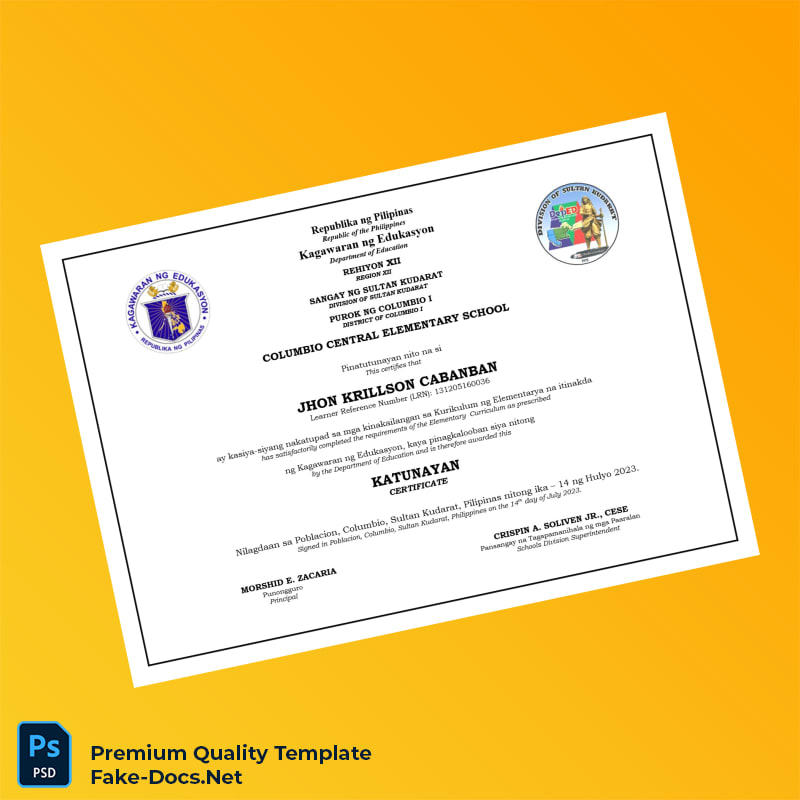 Philippines Columbio Central Elementary School Elementary Certificate Template – High Quality Replacement Template 2 Page Philippines Columbio Central Elementary School Elementary Certificate Template – High Quality Replacement Template 2 Page