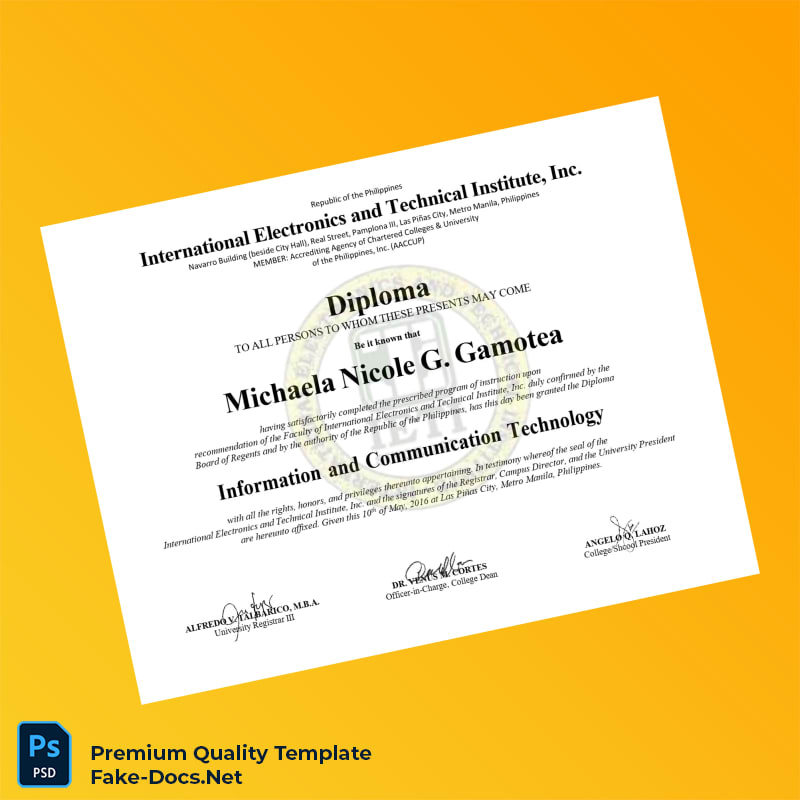 Philippines International Electronics and Technical Institute Inc Diploma in Information and Communication Technology – High Quality Replacement Template Philippines International Electronics and Technical Institute Inc Diploma in Information and Communication Technology – High Quality Replacement Template