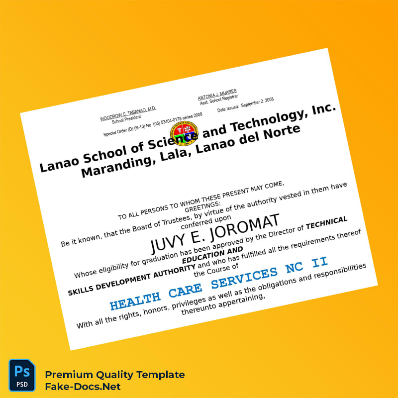 Philippines Lanao School of Science and Technology Inc. Two-Year Diploma in IT and Health Care Services NC II – High Quality Replacement Template 3 Page Philippines Lanao School of Science and Technology Inc. Two-Year Diploma in IT and Health Care Services NC II – High Quality Replacement Template 3 Page