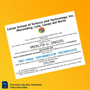 Philippines Lanao School of Science and Technology Inc Two-Year Information Technology Diploma – High Quality Replacement Template 3 Page Philippines Lanao School of Science and Technology Inc Two-Year Information Technology Diploma – High Quality Replacement Template 3 Page