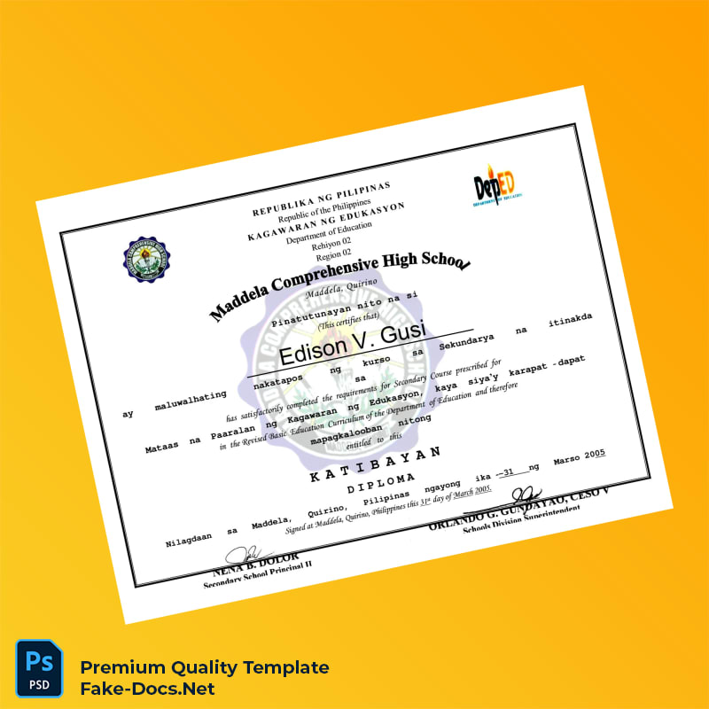 Philippines Maddela Comprehensive High School Secondary Diploma – High Quality Replacement Template 2 Page Philippines Maddela Comprehensive High School Secondary Diploma – High Quality Replacement Template 2 Page