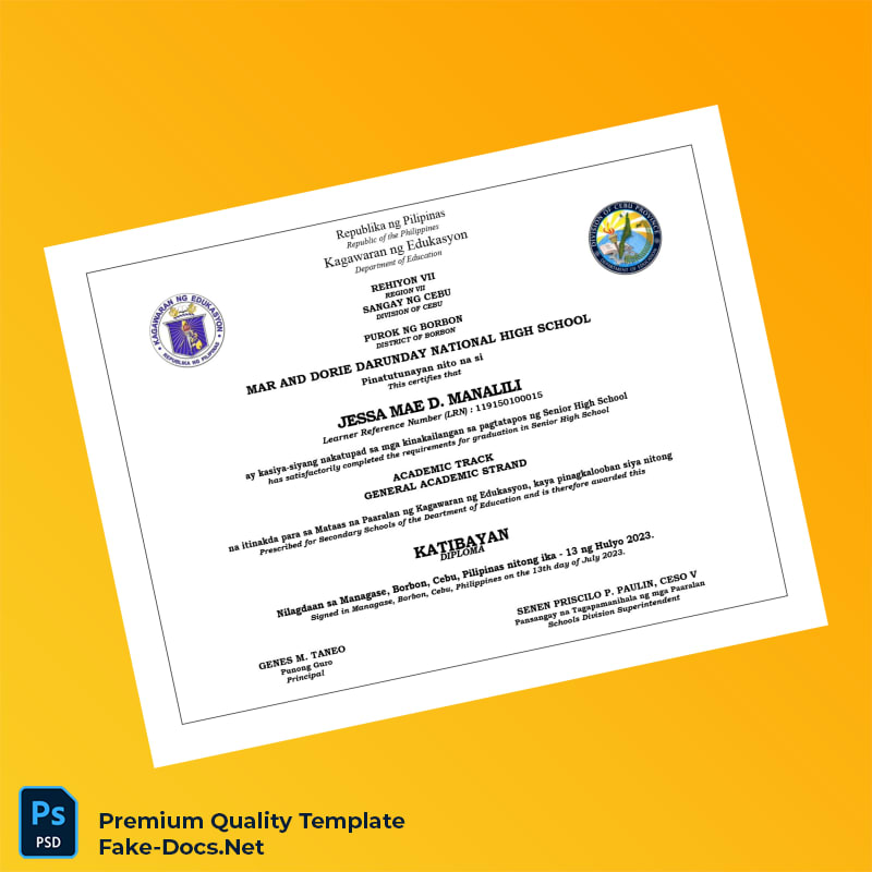 Philippines Mar and Dorie Darunday National High School High School Diploma High Quality Replacement Template Philippines Mar and Dorie Darunday National High School High School Diploma High Quality Replacement Template