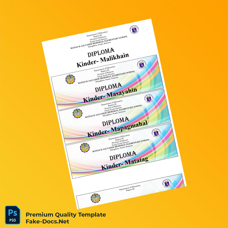 Philippines Matias B. Salvador Memorial Elementary School Kindergarten and Grade 6 Diploma Template – High Quality Replacement Template 3 Page Philippines Matias B. Salvador Memorial Elementary School Kindergarten and Grade 6 Diploma Template – High Quality Replacement Template 3 Page