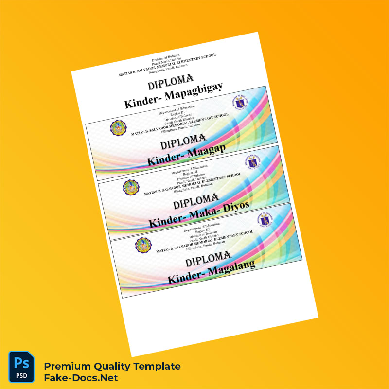 Philippines Matias B. Salvador Memorial Elementary School Kindergarten and Grade 6 Diploma Template – High Quality Replacement Template 3 Page Philippines Matias B. Salvador Memorial Elementary School Kindergarten and Grade 6 Diploma Template – High Quality Replacement Template 3 Page