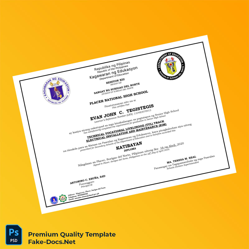 Philippines Placer National High School High School Diploma – High Quality Replacement Template 3 Page Philippines Placer National High School High School Diploma – High Quality Replacement Template 3 Page