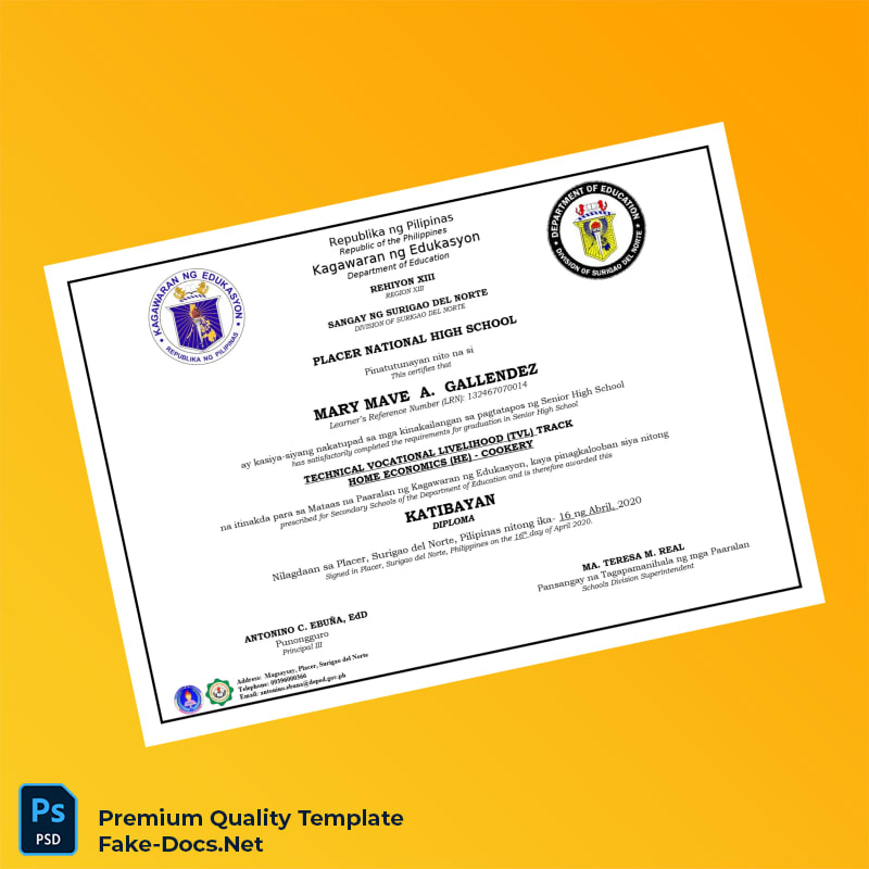 Philippines Placer National High School High School Diploma – High Quality Replacement Template 3 Page Philippines Placer National High School High School Diploma – High Quality Replacement Template 3 Page