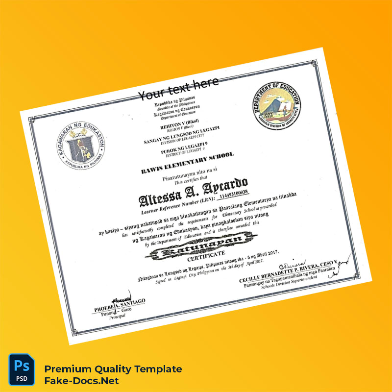 Philippines Rawis Elementary School Elementary Certificate – High Quality Replacement Template Philippines Rawis Elementary School Elementary Certificate – High Quality Replacement Template