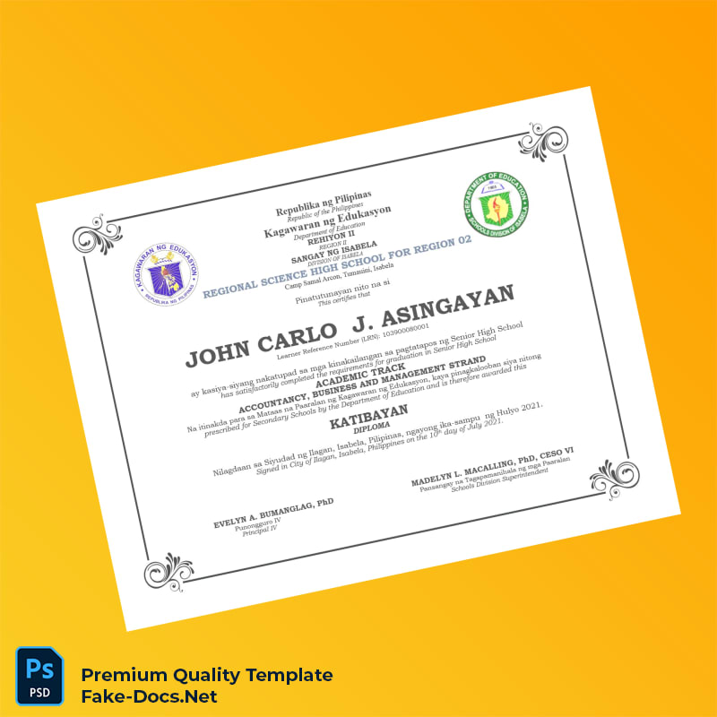 Philippines Regional Science High School for Region 02 Senior High School Diploma in Accountancy Business and Management – High Quality Replacement Template Philippines Regional Science High School for Region 02 Senior High School Diploma in Accountancy Business and Management – High Quality Replacement Template