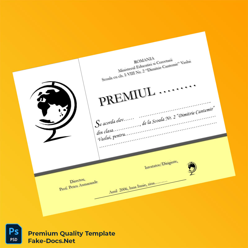 Romania School No. 2 _Dimitrie Cantemir_ Achievement Certificate – High Quality Replacement Template Romania School No. 2 _Dimitrie Cantemir_ Achievement Certificate – High Quality Replacement Template