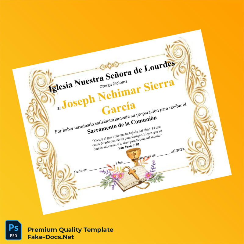 Spain Church of Our Lady of Lourdes Communion Diploma – High Quality Replacement Template Spain Church of Our Lady of Lourdes Communion Diploma – High Quality Replacement Template