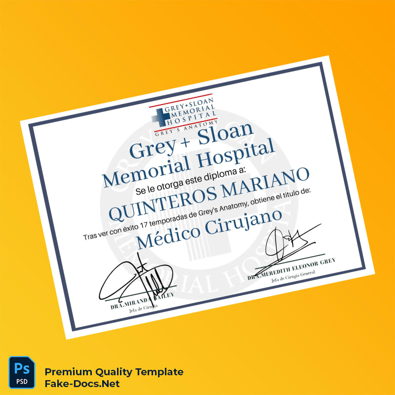 USA Grey Sloan Memorial Hospital Doctor of Medicine Certificate – High Quality Replacement Template USA Grey Sloan Memorial Hospital Doctor of Medicine Certificate – High Quality Replacement Template
