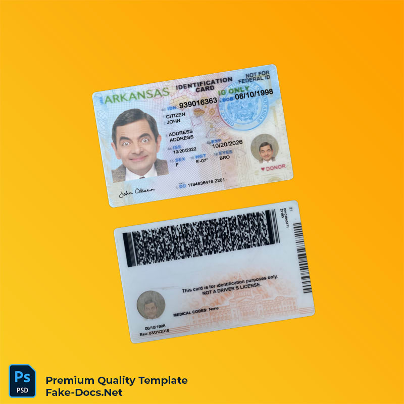 USA Arkansas ID card PSD template – High Quality Replacement Template (PSD) USA Arkansas ID card PSD template – High Quality Replacement Template (PSD)